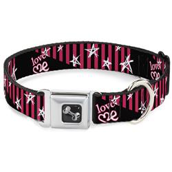 Dog Bone Black/Silver Seatbelt Buckle Collar - Love Me w/Sketch Stars & Stripes Black/Fuchsia/White
