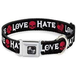 Dog Bone Black/Silver Seatbelt Buckle Collar - Love/Hate Black/White/Fuchsia