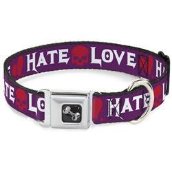 Dog Bone Black/Silver Seatbelt Buckle Collar - Love/Hate Purple/White/Fuchsia