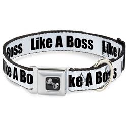 Dog Bone Black/Silver Seatbelt Buckle Collar - LIKE A BOSS White/Black