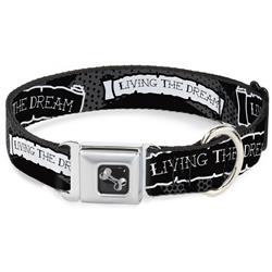 Dog Bone Black/Silver Seatbelt Buckle Collar - LIVING THE DREAM Scroll Gray/Black/White