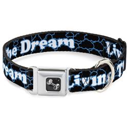 Dog Bone Black/Silver Seatbelt Buckle Collar - LIVING THE DREAM/Clouds Black/Blue/White
