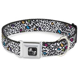 Dog Bone Black/Silver Seatbelt Buckle Collar - Leopard White/Black/Multi Color