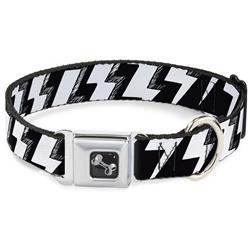 Dog Bone Black/Silver Seatbelt Buckle Collar - Lightning Bolts Sketch Black/White