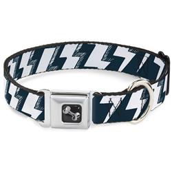 Dog Bone Black/Silver Seatbelt Buckle Collar - Lightning Bolts Sketch Navy/White