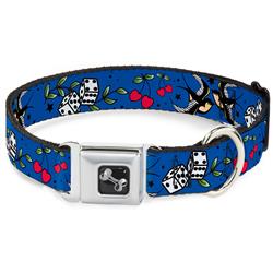 Dog Bone Black/Silver Seatbelt Buckle Collar - Lucky CLOSE-UP Blue