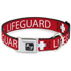 Dog Bone Black/Silver Seatbelt Buckle Collar - LIFEGUARD/Logo Red/White