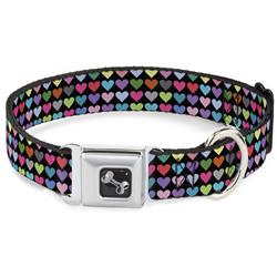 Dog Bone Black/Silver Seatbelt Buckle Collar - Mini Hearts Black/Multi Color