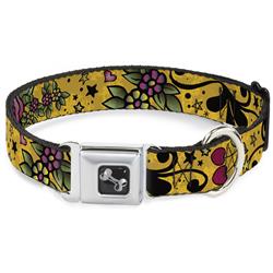 Dog Bone Black/Silver Seatbelt Buckle Collar - Mom & Dad CLOSE-UP Yellow