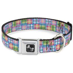 Dog Bone Black/Silver Seatbelt Buckle Collar - Madras Plaid Pink