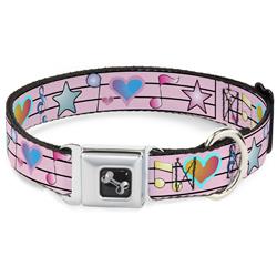 Dog Bone Black/Silver Seatbelt Buckle Collar - Music Notes Pink