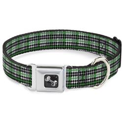 Dog Bone Black/Silver Seatbelt Buckle Collar - Mini Houndstooth Green/Black/Gray