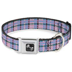 Dog Bone Black/Silver Seatbelt Buckle Collar - Mini Houndstooth Gray/Baby Blue/Pink