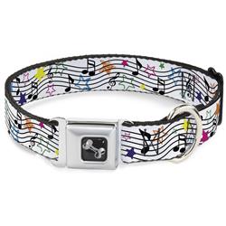 Dog Bone Black/Silver Seatbelt Buckle Collar - Music Notes Stars White/Black/Multi Color