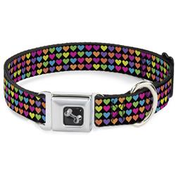 Dog Bone Black/Silver Seatbelt Buckle Collar - Mini Hearts Black/Multi Neon