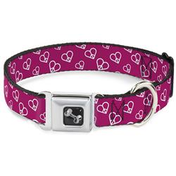 Dog Bone Black/Silver Seatbelt Buckle Collar - Mini Peace Hearts Fuchsia/White