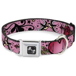 Dog Bone Black/Silver Seatbelt Buckle Collar - Mom & Dad CLOSE-UP Pink w/Sparrows