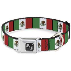 Dog Bone Black/Silver Seatbelt Buckle Collar - Mexico Flags