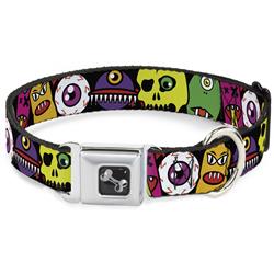 Dog Bone Black/Silver Seatbelt Buckle Collar - Monsters CLOSE-UP Black