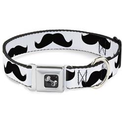 Dog Bone Black/Silver Seatbelt Buckle Collar - Mustaches White/Black