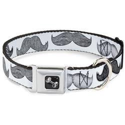 Dog Bone Black/Silver Seatbelt Buckle Collar - Mustaches White/Sketch