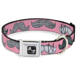 Dog Bone Black/Silver Seatbelt Buckle Collar - Mustaches Pink/Sketch