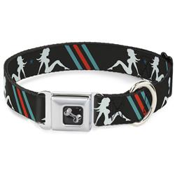 Dog Bone Black/Silver Seatbelt Buckle Collar - Mud Flap Girls w/Stripes Gray/Turquoise/Orange