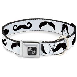 Dog Bone Black/Silver Seatbelt Buckle Collar - Mustaches Straight White/Black