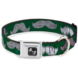 Dog Bone Black/Silver Seatbelt Buckle Collar - Mustaches Green/Sketch