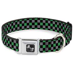 Dog Bone Black/Silver Seatbelt Buckle Collar - Mini Checker Black/Gray/3 Green
