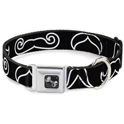 Dog Bone Black/Silver Seatbelt Buckle Collar - Mustache Outlines Black/White