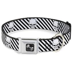 Dog Bone Black/Silver Seatbelt Buckle Collar - Metal Skull Black/White