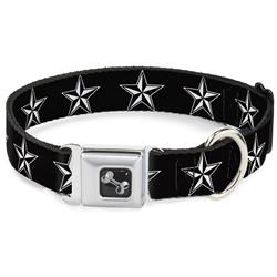 Dog Bone Black/Silver Seatbelt Buckle Collar - Nautical Star Black/White