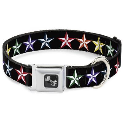 Dog Bone Black/Silver Seatbelt Buckle Collar - Nautical Star Black/Multi Color