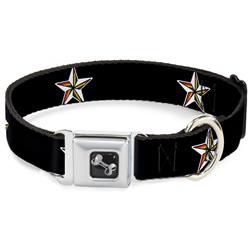 Dog Bone Black/Silver Seatbelt Buckle Collar - Nautical Star Black/White/Rainbow