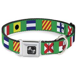 Dog Bone Black/Silver Seatbelt Buckle Collar - Nautical Flags Green/Multi Color