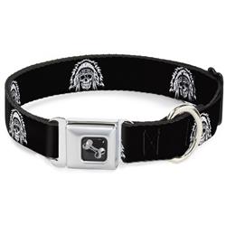 Dog Bone Black/Silver Seatbelt Buckle Collar - Native American Skull Black/White