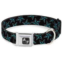 Dog Bone Black/Silver Seatbelt Buckle Collar - Nautical Stars Scattered Black/Turquoise