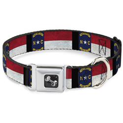 Dog Bone Black/Silver Seatbelt Buckle Collar - North Carolina Flag Distressed/Black