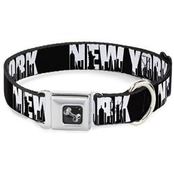 Dog Bone Black/Silver Seatbelt Buckle Collar - NEW YORK Bold/Skyline Silhouette Black/White/Black