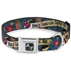 Dog Bone Black/Silver Seatbelt Buckle Collar - Only God Can Judge Me Blue