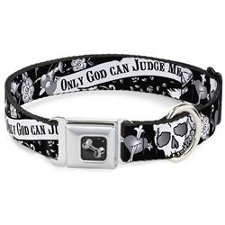 Dog Bone Black/Silver Seatbelt Buckle Collar - Only God Can Judge Me Black/White