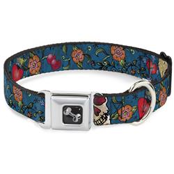 Dog Bone Black/Silver Seatbelt Buckle Collar - Only God Can Judge Me CLOSE-UP Blue