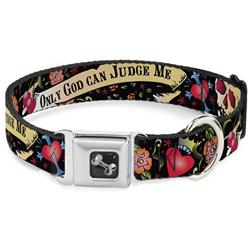 Dog Bone Black/Silver Seatbelt Buckle Collar - Only God Can Judge Me Black