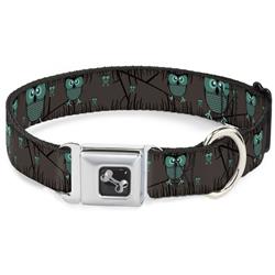 Dog Bone Black/Silver Seatbelt Buckle Collar - Owls in Trees Turquoise