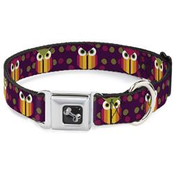 Dog Bone Black/Silver Seatbelt Buckle Collar - Owls Striped w/Swirls Purple