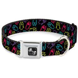 Dog Bone Black/Silver Seatbelt Buckle Collar - Owl Sketch Black/Multi Color