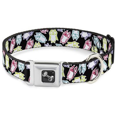 Dog Bone Black/Silver Seatbelt Buckle Collar - Owl Sketch Black/White/Multi Color