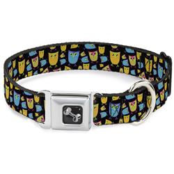 Dog Bone Black/Silver Seatbelt Buckle Collar - Owls Black/Multi Neon