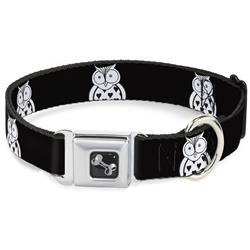Dog Bone Black/Silver Seatbelt Buckle Collar - Owls Black/White1